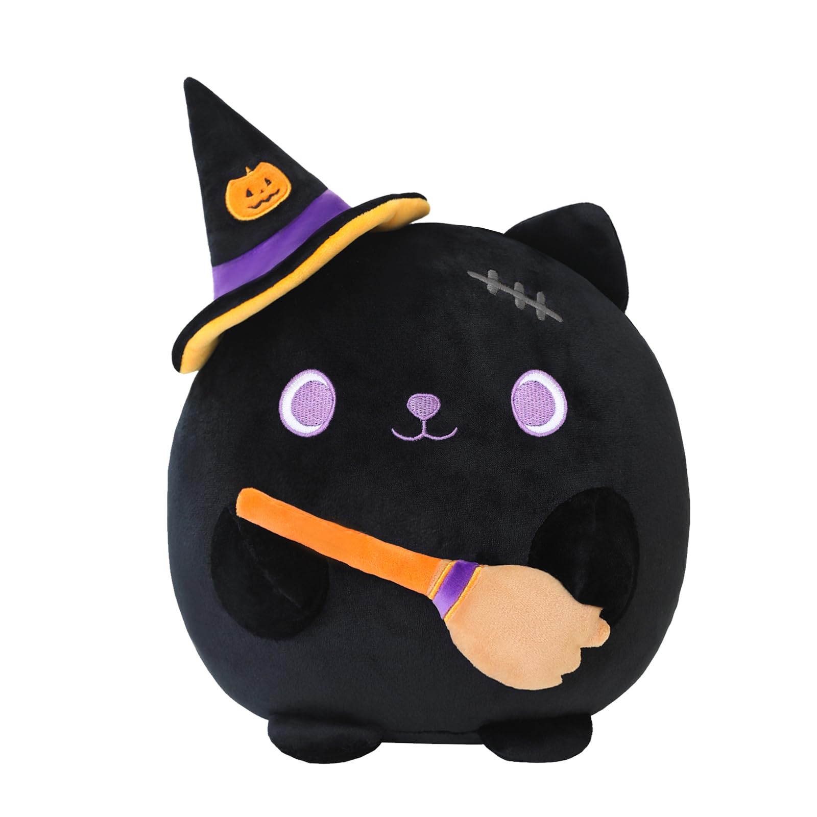 Xfrog Halloween Plush Toys 10" Stuffed Animal Soft Cat Plushies Pillow Witch Broom Cat Plush Toys Gifts for Kids Girls Boys 25CM