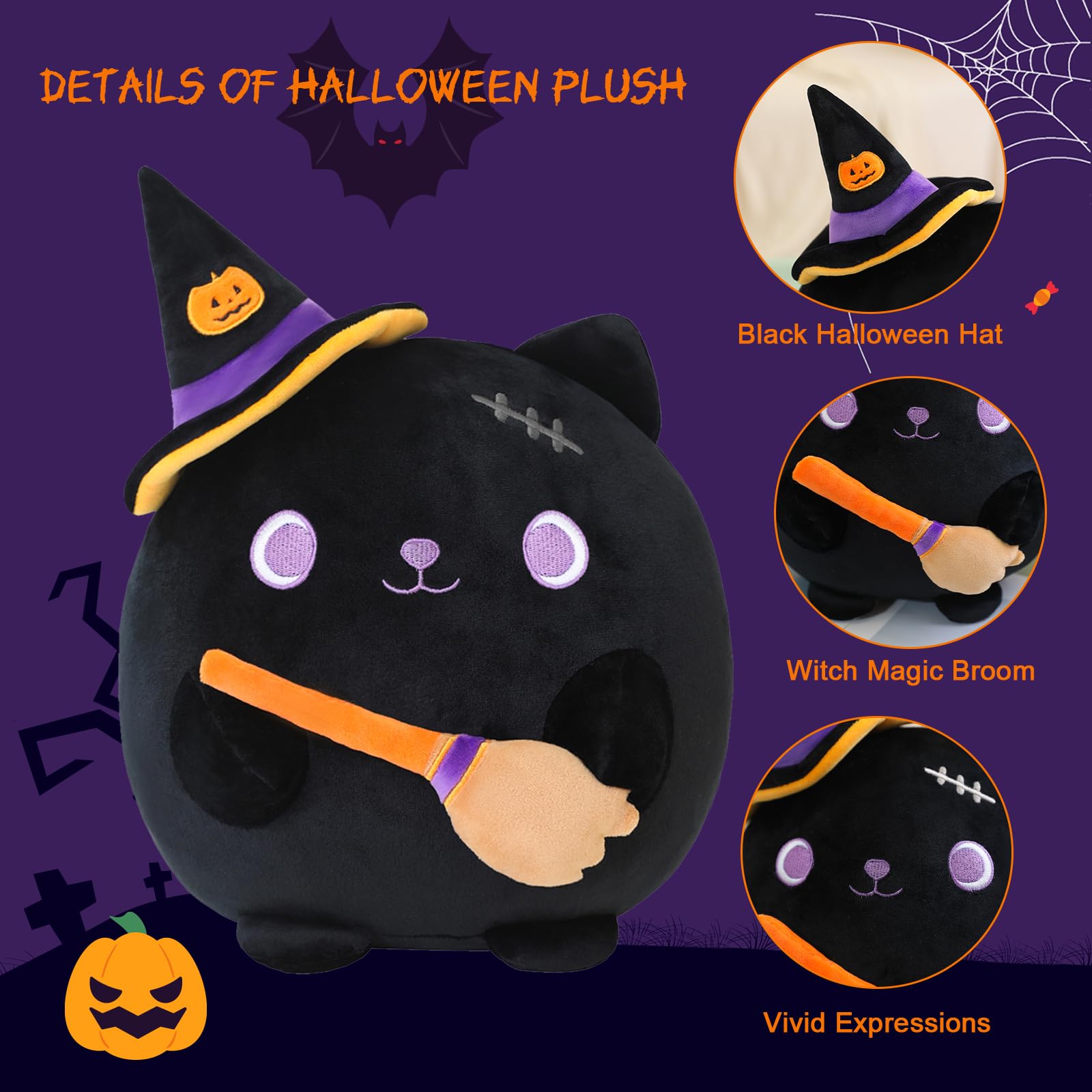 Xfrog Halloween Plush Toys 10" Stuffed Animal Soft Cat Plushies Pillow Witch Broom Cat Plush Toys Gifts for Kids Girls Boys 25CM