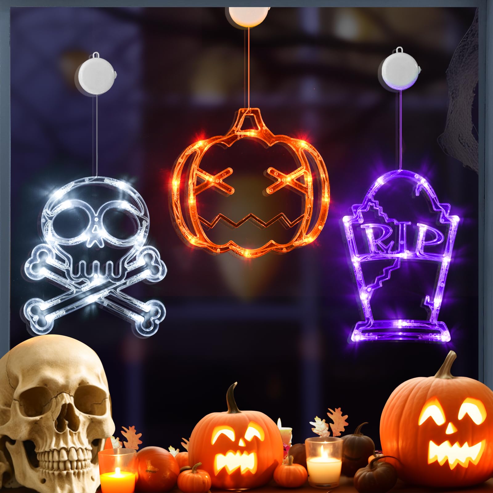 LOLStar Halloween Decorations, 3 Pack Halloween Lights Orange Pumpkin, White Skull, Purple Tombstone Window Lights with Suction Cup Battery Operated Lights Indoor Window Decor, Slow Fade Mode & Timer