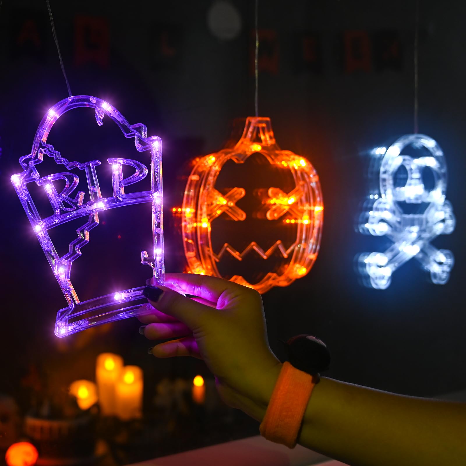 LOLStar Halloween Decorations, 3 Pack Halloween Lights Orange Pumpkin, White Skull, Purple Tombstone Window Lights with Suction Cup Battery Operated Lights Indoor Window Decor, Slow Fade Mode & Timer