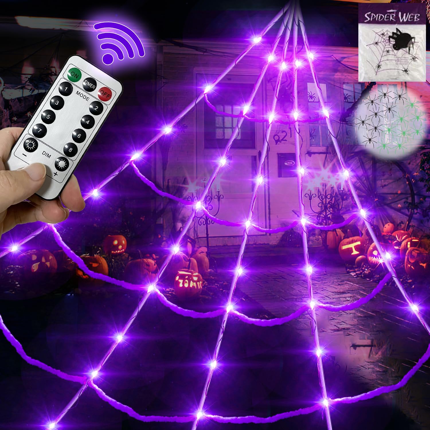 Halloween Purple LED Spider Web 150 lights with 8 Modes Lighted up Triangular Giant Battery Operated Waterproof with 200sqft Cobweb and 20 Small Spiders for Indoor and Outdoor Decoration